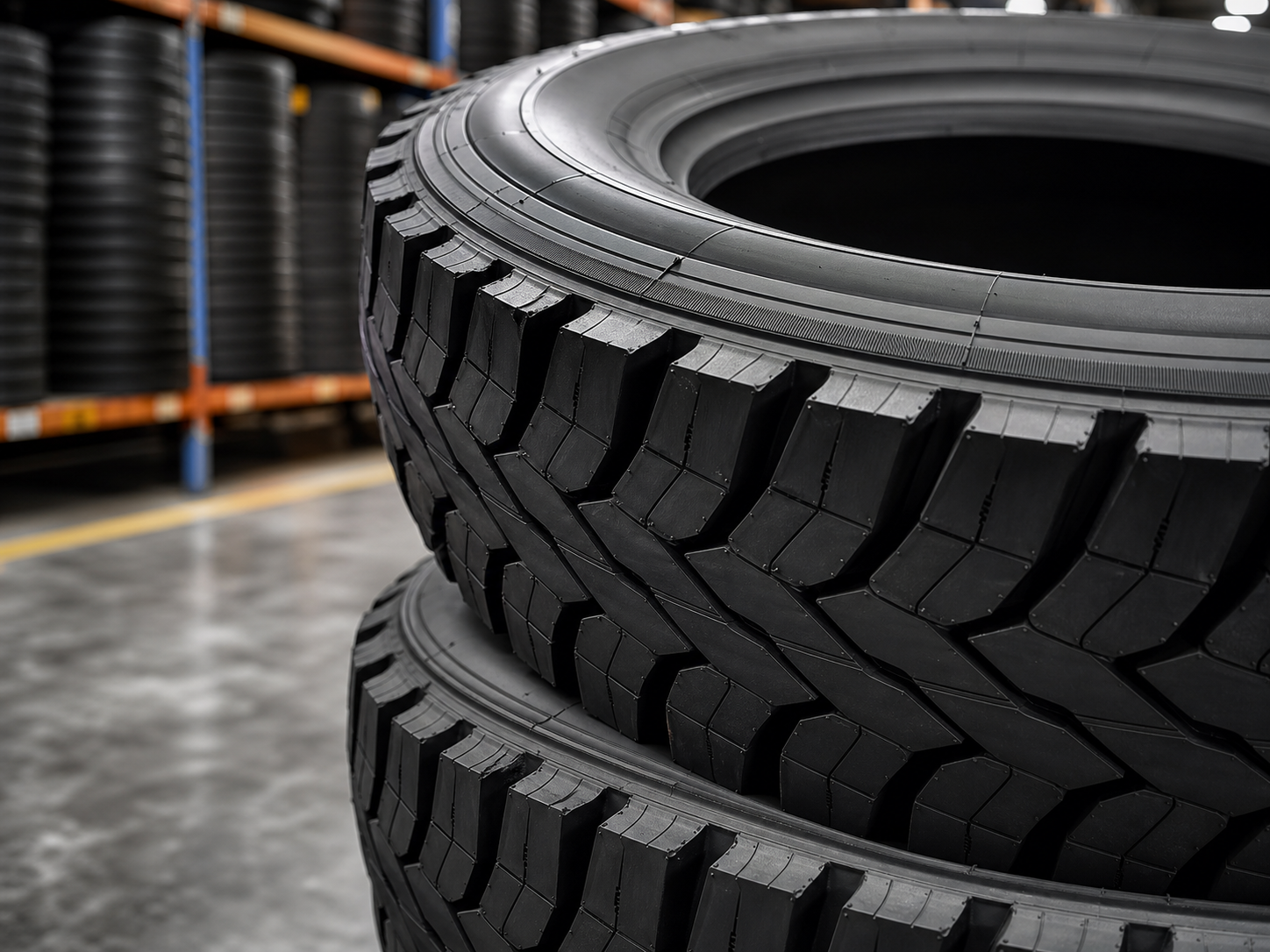 Close up of heavy duty commercial truck tires in a warehouse