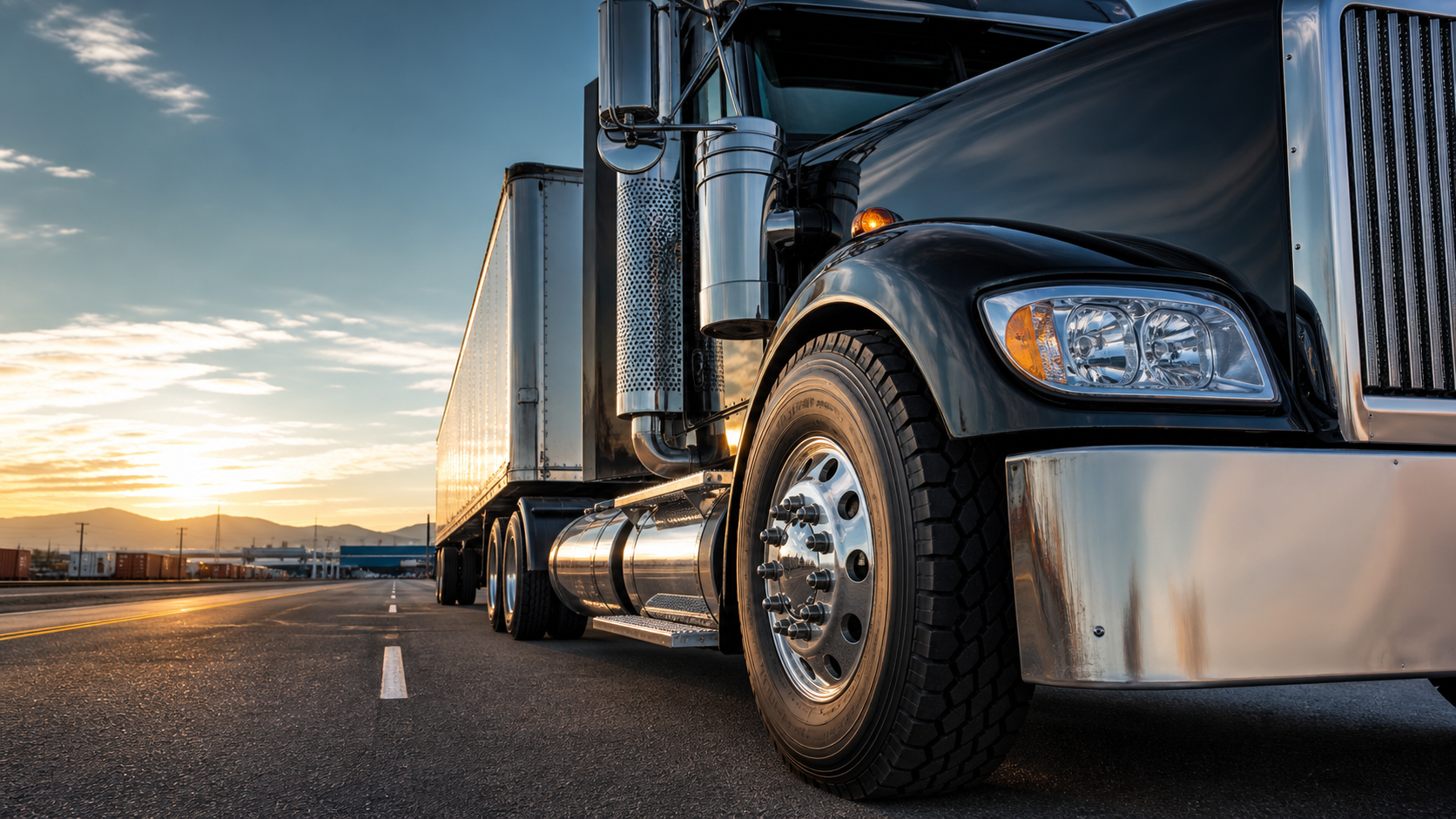 Commercial semi truck with oversized truck tires on a freight corridor
