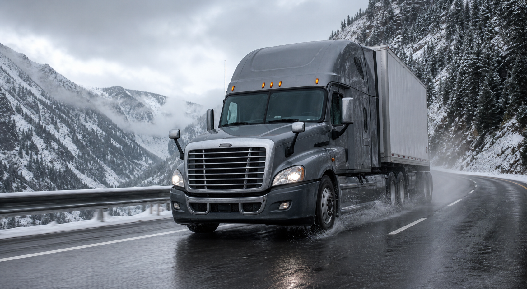 Commercial semi truck operating on a snowy freight route